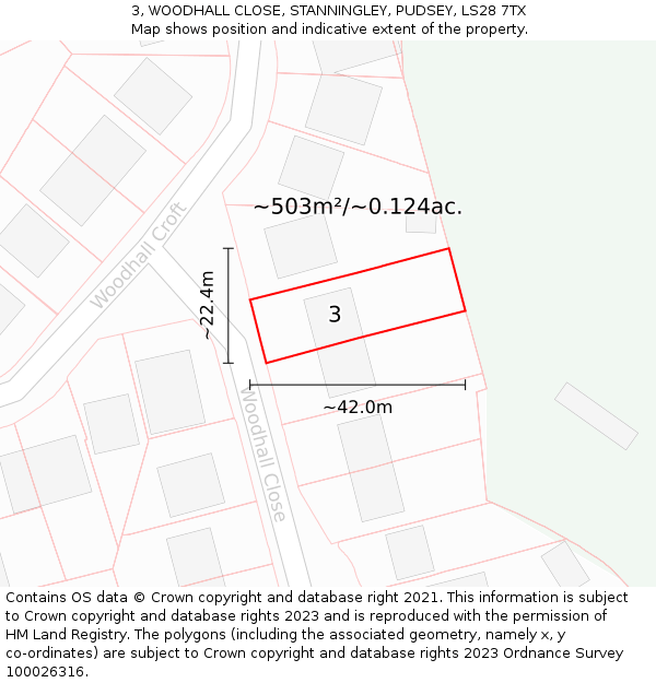 3, WOODHALL CLOSE, STANNINGLEY, PUDSEY, LS28 7TX: Plot and title map
