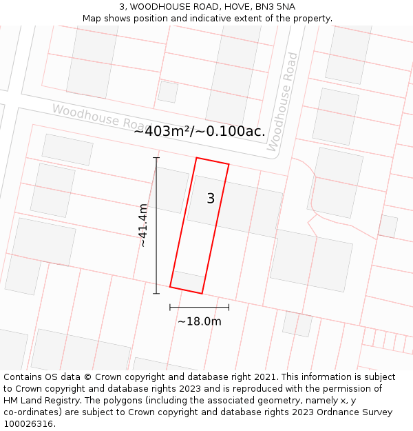 3, WOODHOUSE ROAD, HOVE, BN3 5NA: Plot and title map