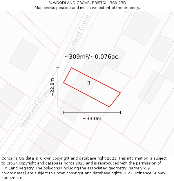3, WOODLAND GROVE, BRISTOL, BS9 2BD: Plot and title map