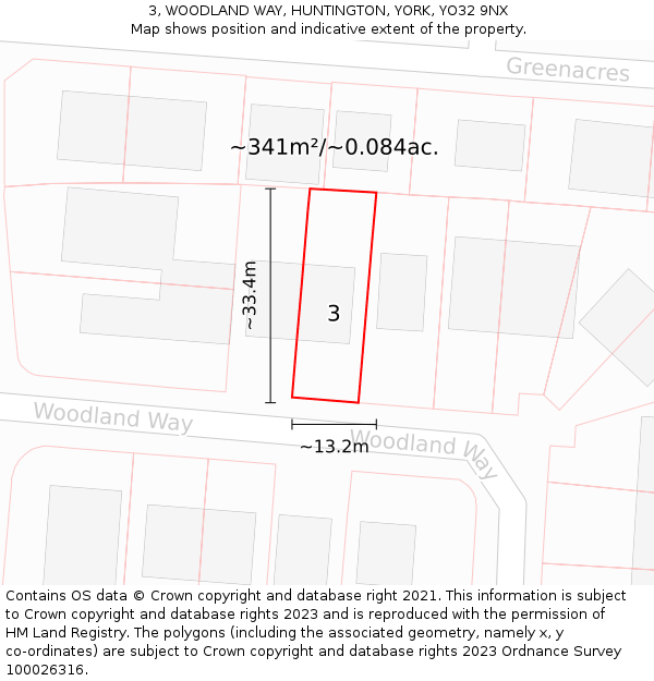 3, WOODLAND WAY, HUNTINGTON, YORK, YO32 9NX: Plot and title map