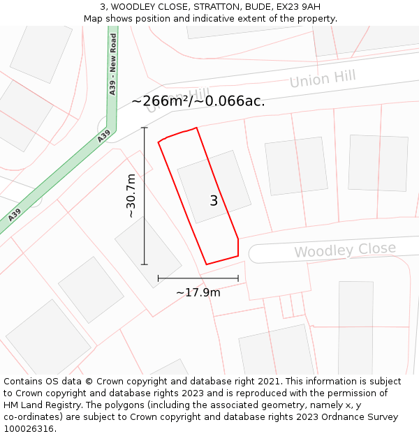 3, WOODLEY CLOSE, STRATTON, BUDE, EX23 9AH: Plot and title map
