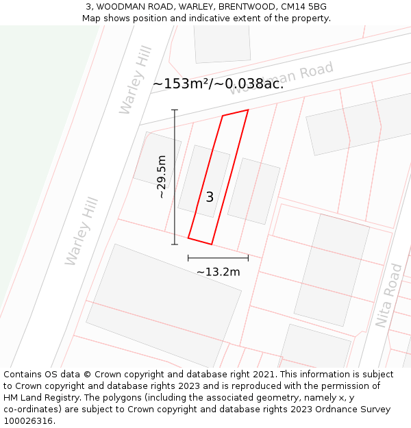 3, WOODMAN ROAD, WARLEY, BRENTWOOD, CM14 5BG: Plot and title map