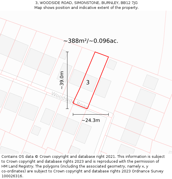 3, WOODSIDE ROAD, SIMONSTONE, BURNLEY, BB12 7JG: Plot and title map
