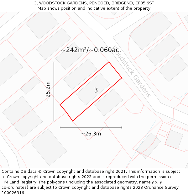 3, WOODSTOCK GARDENS, PENCOED, BRIDGEND, CF35 6ST: Plot and title map