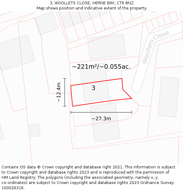 3, WOOLLETS CLOSE, HERNE BAY, CT6 8NZ: Plot and title map