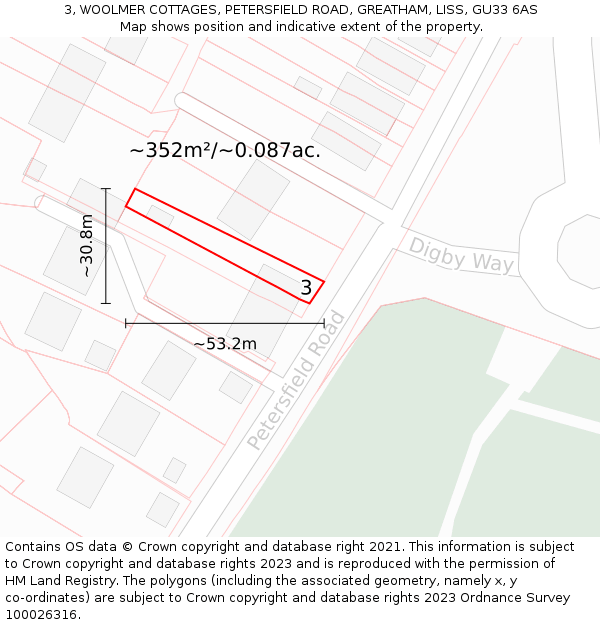 3, WOOLMER COTTAGES, PETERSFIELD ROAD, GREATHAM, LISS, GU33 6AS: Plot and title map