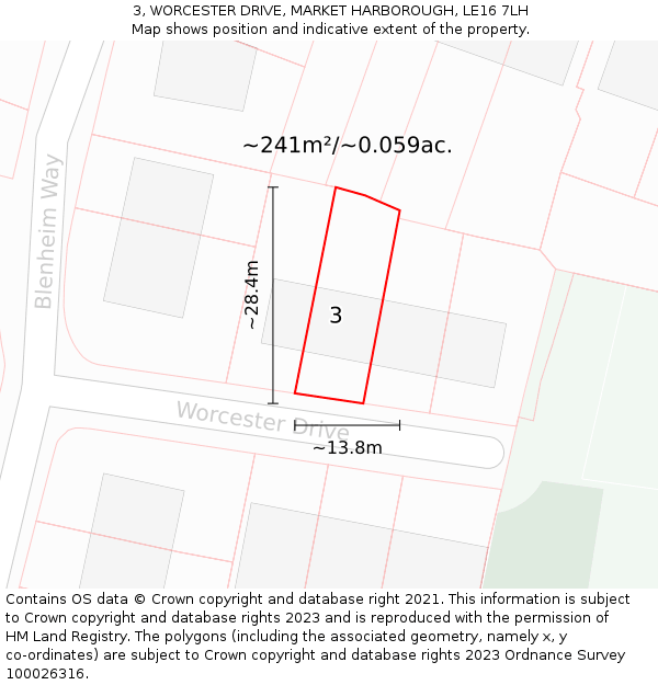 3, WORCESTER DRIVE, MARKET HARBOROUGH, LE16 7LH: Plot and title map
