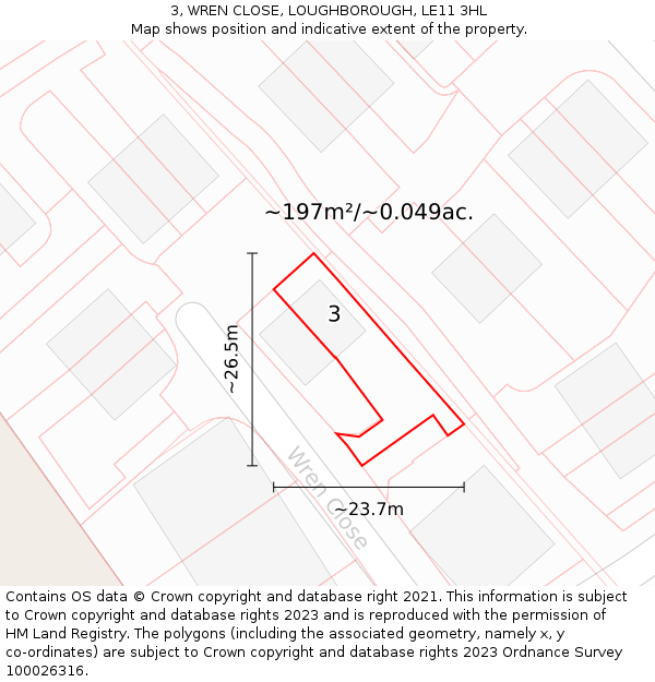 3, WREN CLOSE, LOUGHBOROUGH, LE11 3HL: Plot and title map