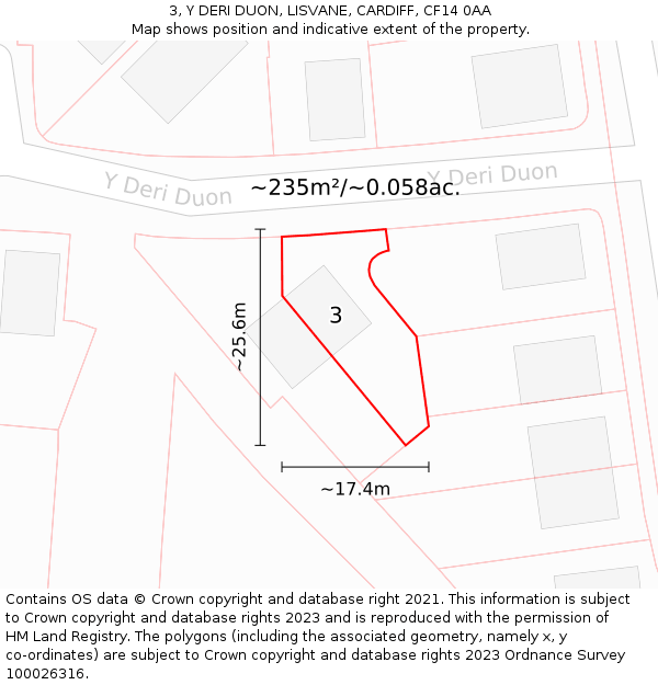3, Y DERI DUON, LISVANE, CARDIFF, CF14 0AA: Plot and title map