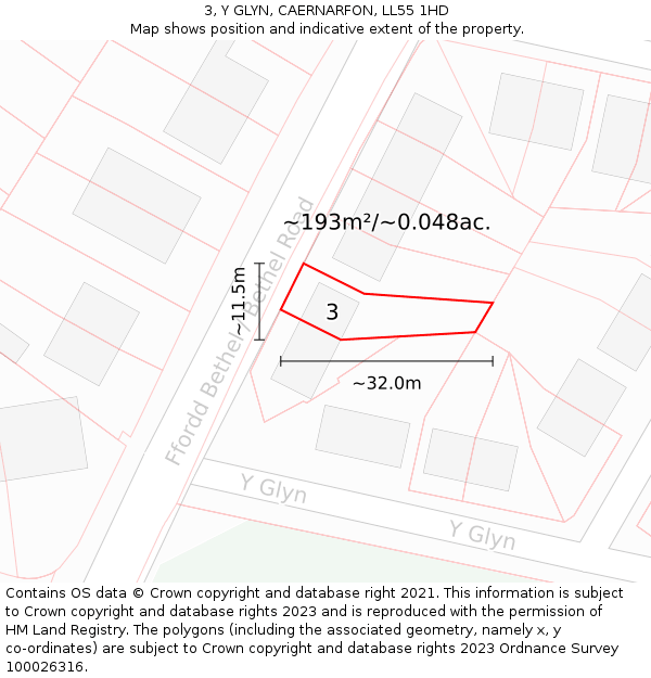 3, Y GLYN, CAERNARFON, LL55 1HD: Plot and title map