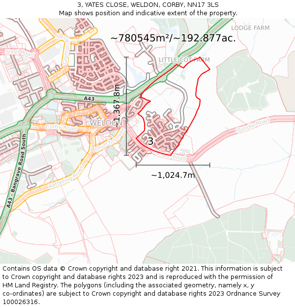 3, YATES CLOSE, WELDON, CORBY, NN17 3LS: Plot and title map