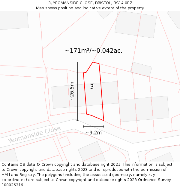 3, YEOMANSIDE CLOSE, BRISTOL, BS14 0PZ: Plot and title map