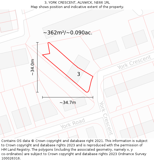 3, YORK CRESCENT, ALNWICK, NE66 1RL: Plot and title map