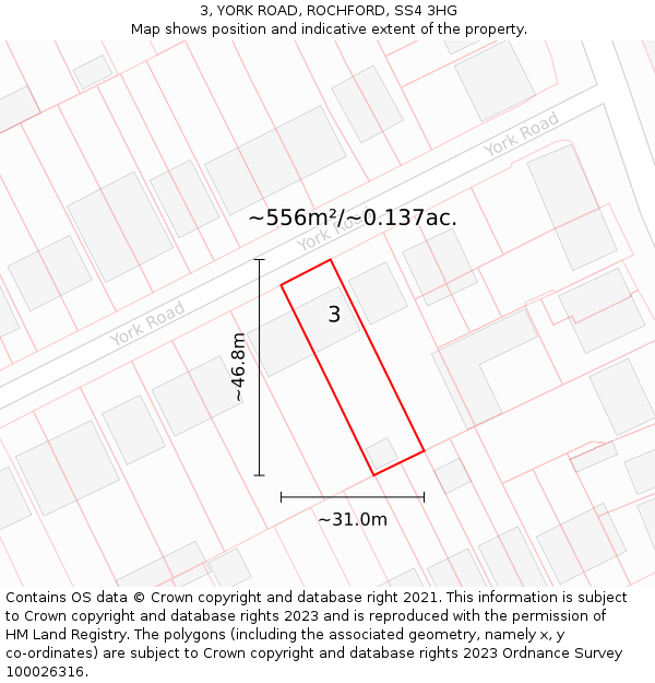 3, YORK ROAD, ROCHFORD, SS4 3HG: Plot and title map