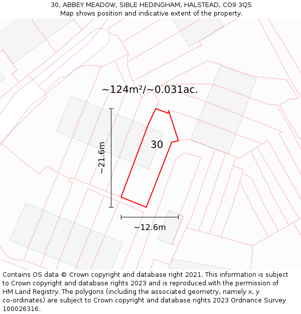 30, ABBEY MEADOW, SIBLE HEDINGHAM, HALSTEAD, CO9 3QS: Plot and title map
