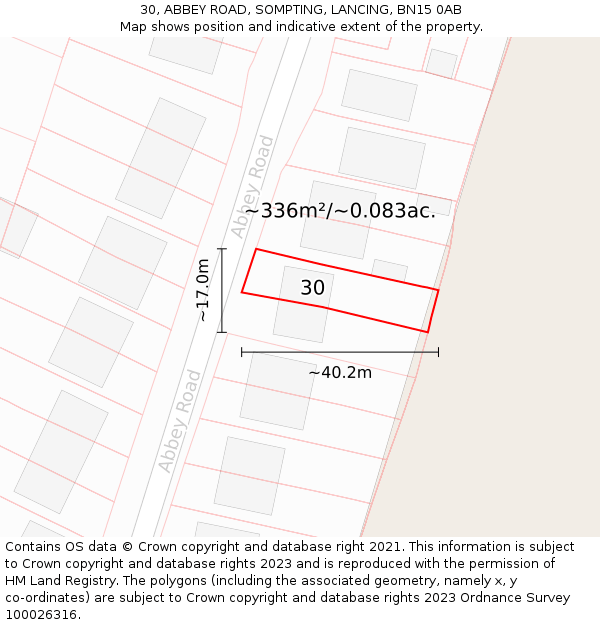 30, ABBEY ROAD, SOMPTING, LANCING, BN15 0AB: Plot and title map