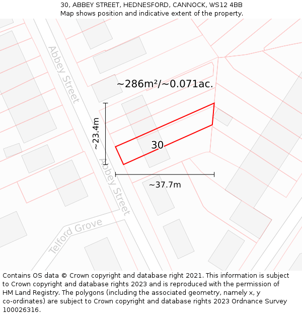 30, ABBEY STREET, HEDNESFORD, CANNOCK, WS12 4BB: Plot and title map