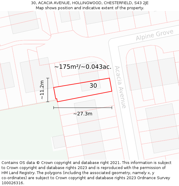 30, ACACIA AVENUE, HOLLINGWOOD, CHESTERFIELD, S43 2JE: Plot and title map
