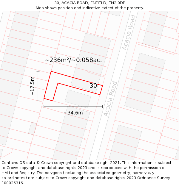 30, ACACIA ROAD, ENFIELD, EN2 0DP: Plot and title map