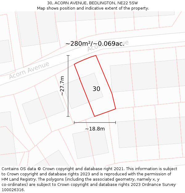 30, ACORN AVENUE, BEDLINGTON, NE22 5SW: Plot and title map