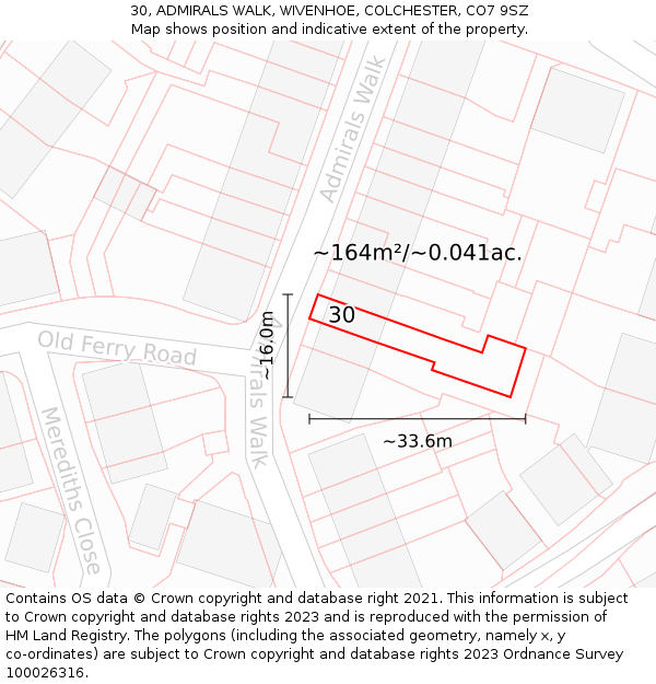 30, ADMIRALS WALK, WIVENHOE, COLCHESTER, CO7 9SZ: Plot and title map