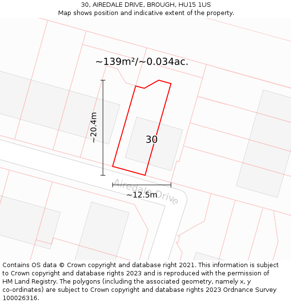 30, AIREDALE DRIVE, BROUGH, HU15 1US: Plot and title map