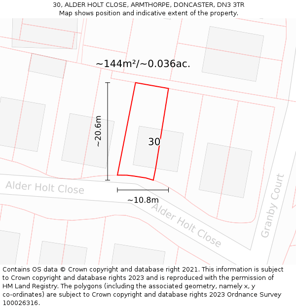 30, ALDER HOLT CLOSE, ARMTHORPE, DONCASTER, DN3 3TR: Plot and title map
