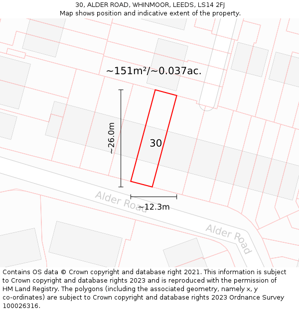 30, ALDER ROAD, WHINMOOR, LEEDS, LS14 2FJ: Plot and title map