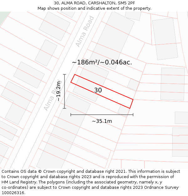 30, ALMA ROAD, CARSHALTON, SM5 2PF: Plot and title map