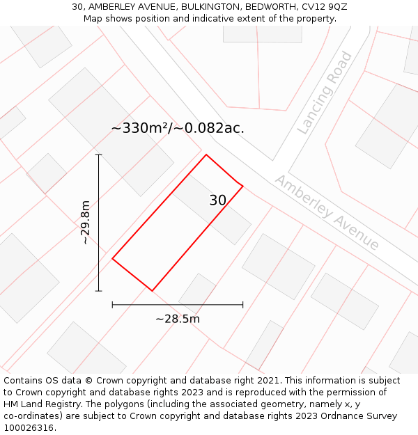 30, AMBERLEY AVENUE, BULKINGTON, BEDWORTH, CV12 9QZ: Plot and title map