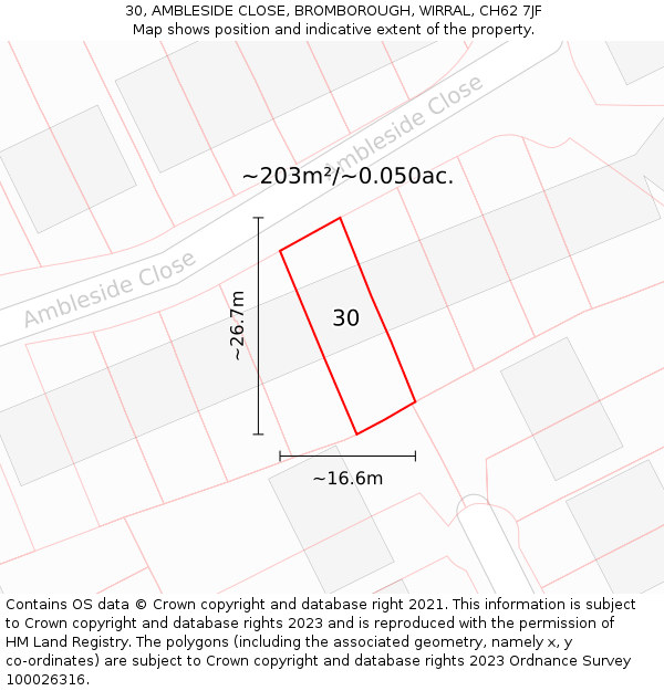 30, AMBLESIDE CLOSE, BROMBOROUGH, WIRRAL, CH62 7JF: Plot and title map