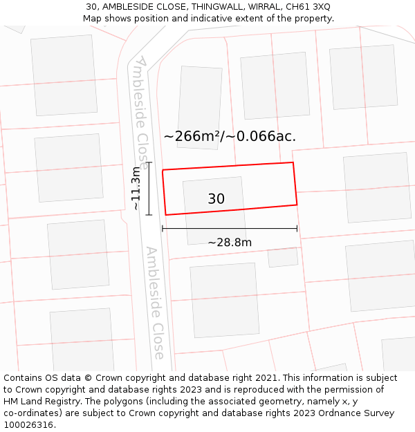 30, AMBLESIDE CLOSE, THINGWALL, WIRRAL, CH61 3XQ: Plot and title map