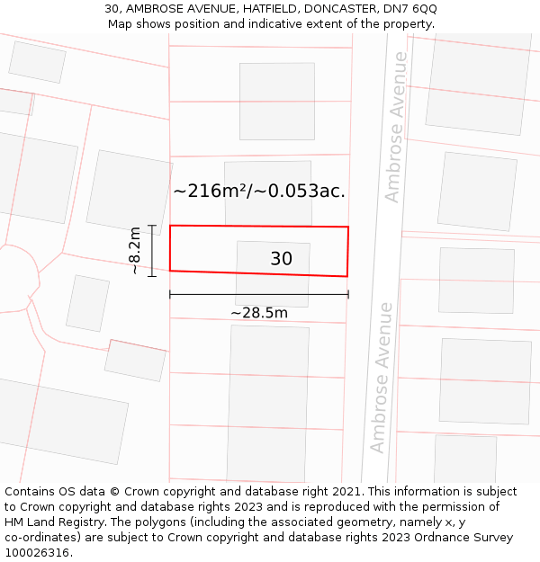 30, AMBROSE AVENUE, HATFIELD, DONCASTER, DN7 6QQ: Plot and title map