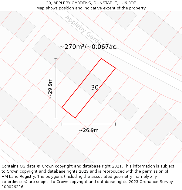 30, APPLEBY GARDENS, DUNSTABLE, LU6 3DB: Plot and title map