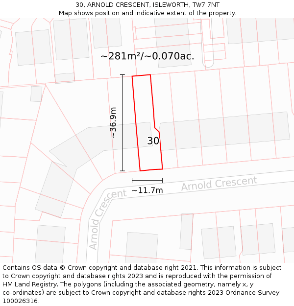 30, ARNOLD CRESCENT, ISLEWORTH, TW7 7NT: Plot and title map