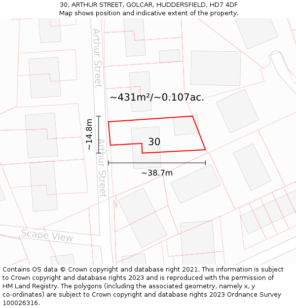 30, ARTHUR STREET, GOLCAR, HUDDERSFIELD, HD7 4DF: Plot and title map