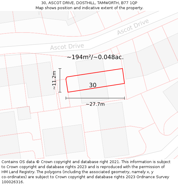 30, ASCOT DRIVE, DOSTHILL, TAMWORTH, B77 1QP: Plot and title map