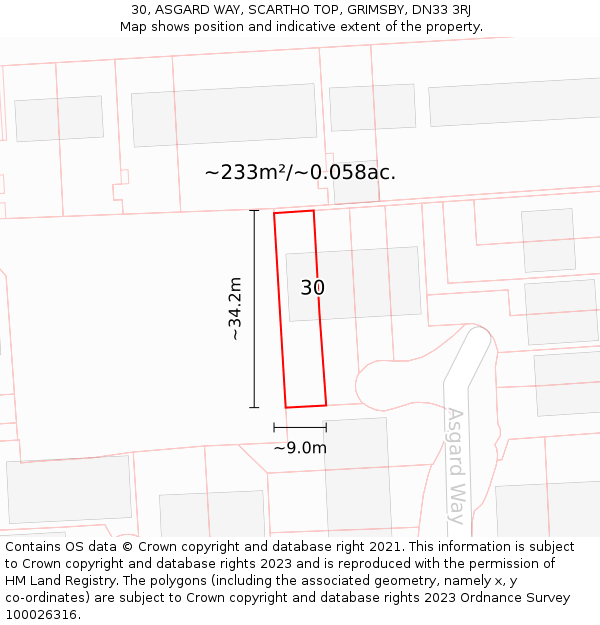 30, ASGARD WAY, SCARTHO TOP, GRIMSBY, DN33 3RJ: Plot and title map
