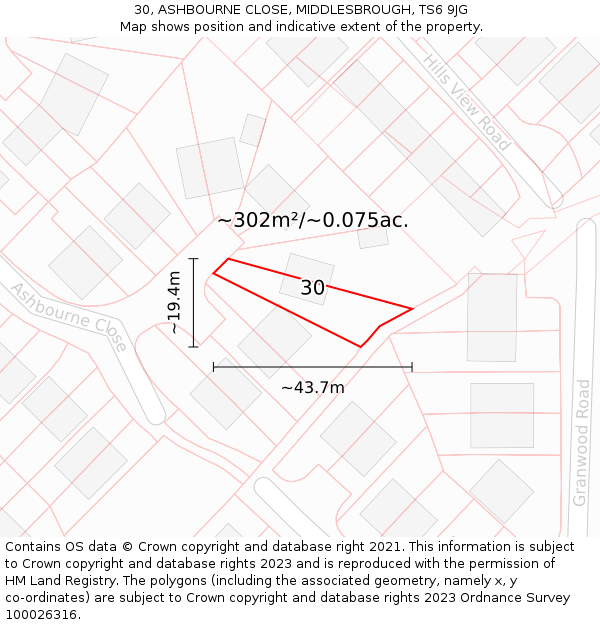 30, ASHBOURNE CLOSE, MIDDLESBROUGH, TS6 9JG: Plot and title map