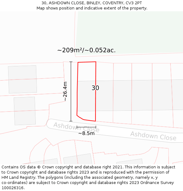 30, ASHDOWN CLOSE, BINLEY, COVENTRY, CV3 2PT: Plot and title map