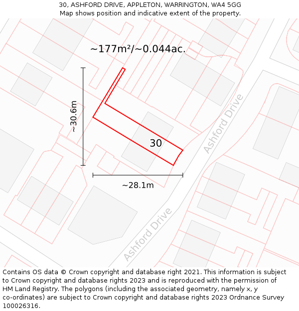 30, ASHFORD DRIVE, APPLETON, WARRINGTON, WA4 5GG: Plot and title map