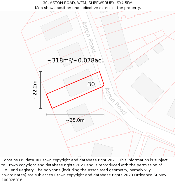 30, ASTON ROAD, WEM, SHREWSBURY, SY4 5BA: Plot and title map