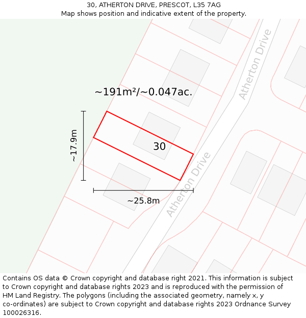 30, ATHERTON DRIVE, PRESCOT, L35 7AG: Plot and title map