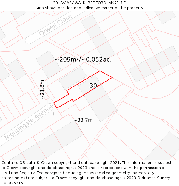 30, AVIARY WALK, BEDFORD, MK41 7JD: Plot and title map