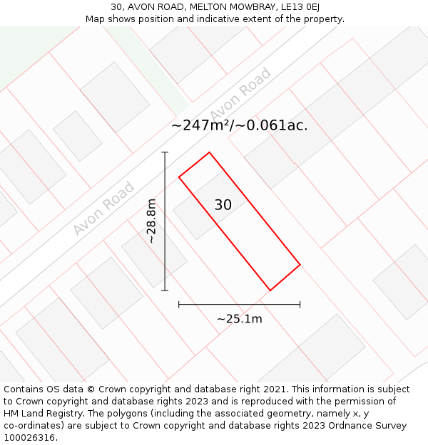 30, AVON ROAD, MELTON MOWBRAY, LE13 0EJ: Plot and title map