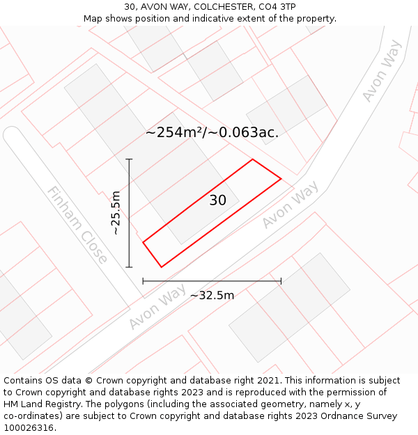 30, AVON WAY, COLCHESTER, CO4 3TP: Plot and title map