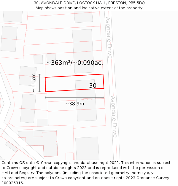 30, AVONDALE DRIVE, LOSTOCK HALL, PRESTON, PR5 5BQ: Plot and title map