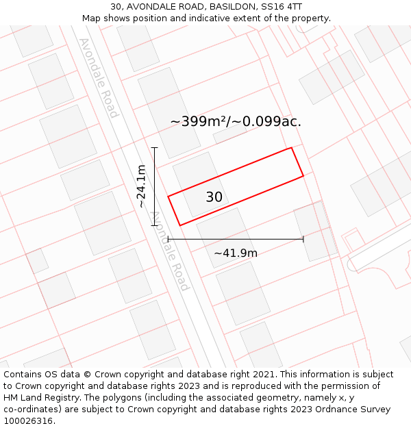 30, AVONDALE ROAD, BASILDON, SS16 4TT: Plot and title map