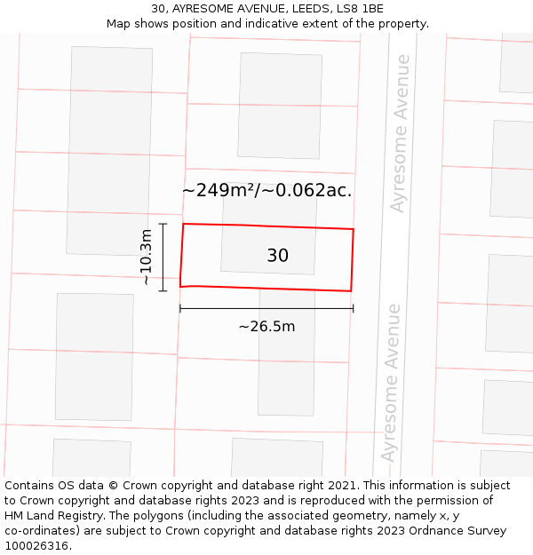 30, AYRESOME AVENUE, LEEDS, LS8 1BE: Plot and title map