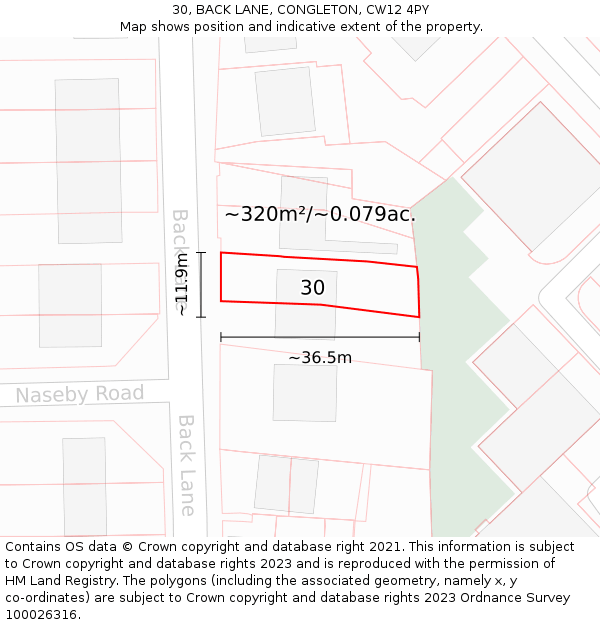 30, BACK LANE, CONGLETON, CW12 4PY: Plot and title map